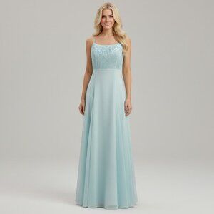 Aqua Organza A-Line Formal Grad Dress